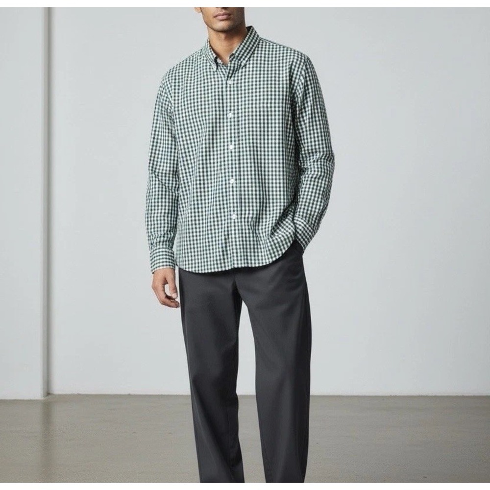Mens L J. CREW Blue Green Gingham Check Plaid Button Up Slim Fit Dress Shirt